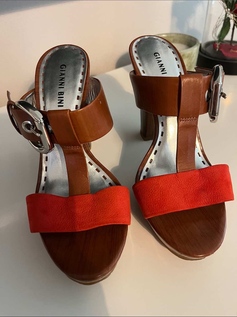 Gianni Bini Brown Leather and Orange-Red Open-Toe Heels